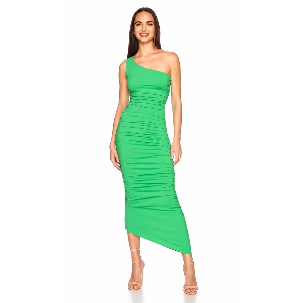 Susana Monaco One Shoulder Gathered Midi Dress Zing Green Ruched Bodycon Small‎